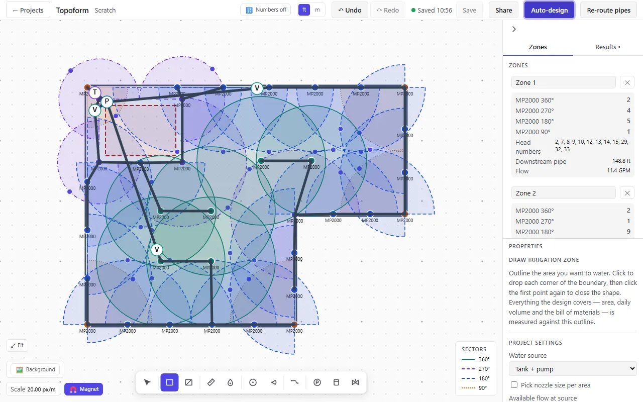 The Topoform editor: a lawn outline with sprinklers placed, coverage circles, irrigation zones and the pipe network.