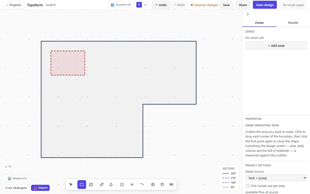 A plot outline drawn in the Topoform editor, before any sprinklers are placed.