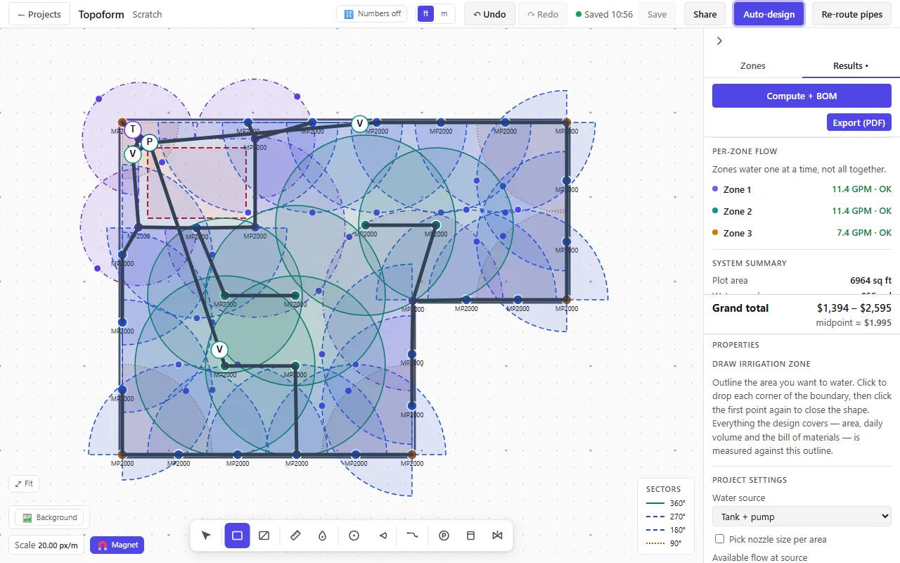 The Results panel with zone flows and the bill of materials.
